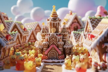 Naklejka premium A whimsical gingerbread village with a majestic castle, surrounded by gummy bears in a dreamy, candy-like landscape.