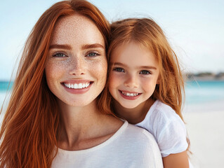 Smiling mother and daughter enjoying beach time together