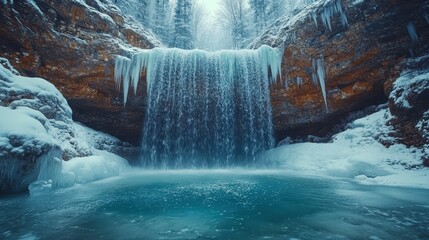 A frozen waterfall cascading into an icy pool below.