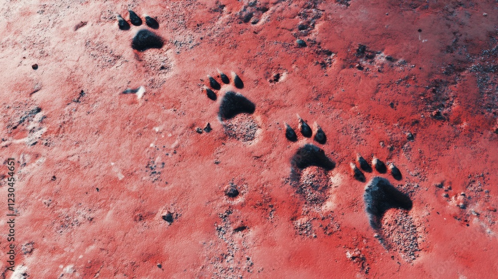 Poster a red surface with three paw prints on it. the image has a mood of mystery and intrigue, as the paw 