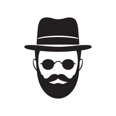 Vintage gentleman avatars, black and white icons, mustache variations, bowler hats silhouette 