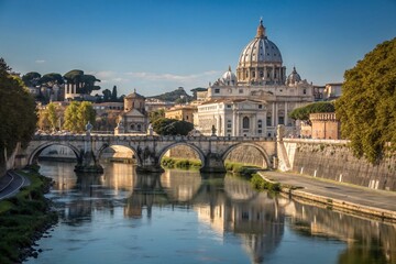 St. Peter's Basilica Dome, Tiber River, Rome, Italy - Panoramic View