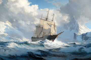 Obraz premium Research schooner near the coast