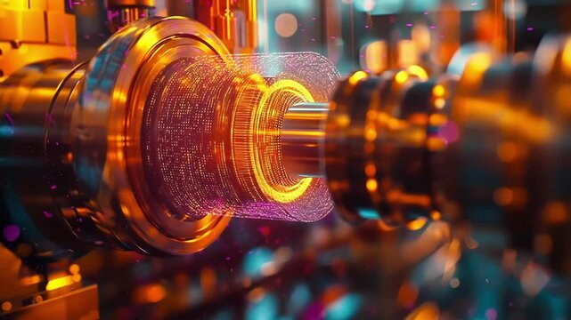 A vibrant closeup of sensors embedded in factory machinery with dazzling threads of information cascading from the sensors to virtual analytics platforms embodying the seamless nature