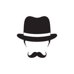Vintage gentleman avatars, black and white icons, mustache variations, bowler hats silhouette 