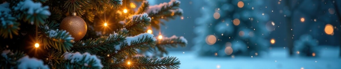 Sparkling snowflakes fall gently on a bright Christmas tree, evergreen tree, snowy landscape, Christmas Tree Snow Flakes Bright Lights