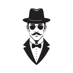 Vintage gentleman avatars, black and white icons, mustache variations, bowler hats silhouette 