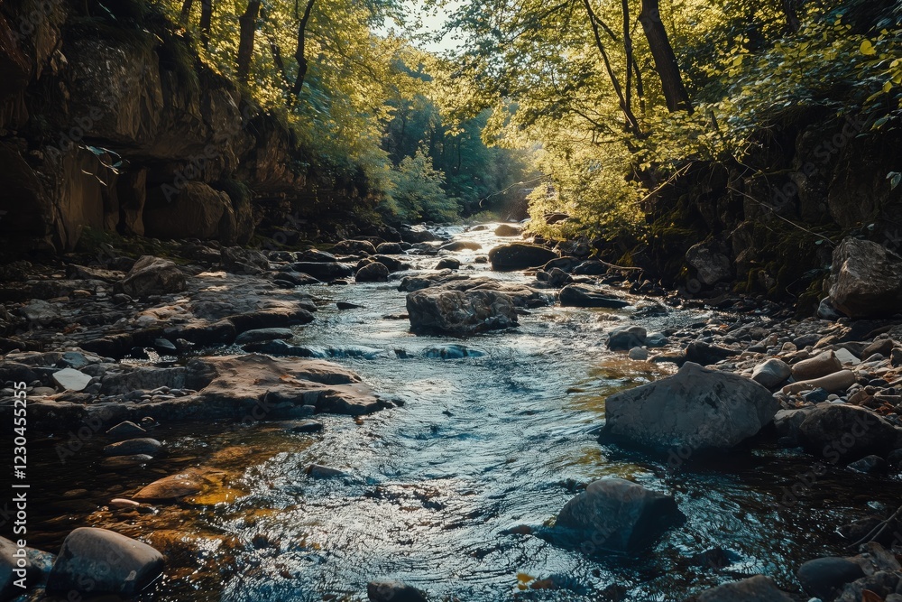 Poster a serene river flowing through a lush forest, with sunlight filtering through the trees. smooth ston