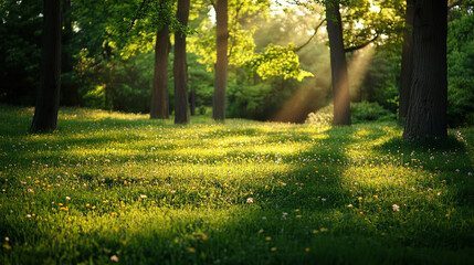 Fototapeta premium Sunlight streaming through trees in a tranquil forest