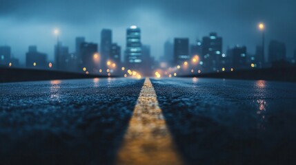 Obraz premium An asphalt road stretching toward a city skyline at night, with a soft focus creating a moody ambiance
