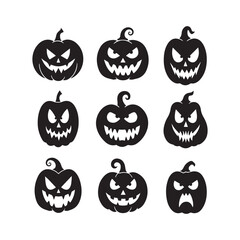 Halloween pumpkins, jack-o'-lantern silhouettes, spooky faces, black and white illustration