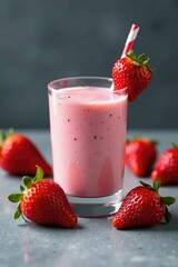 Strawberries on a gray surface with a smoothie glass in the corner, strawberries, dining