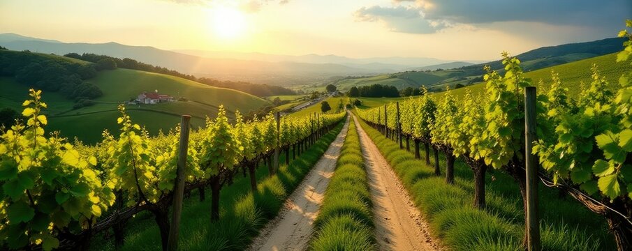 Strada serpentina tra le vigne infiore sott'oltro sole, fiori di vite, colline ondulate