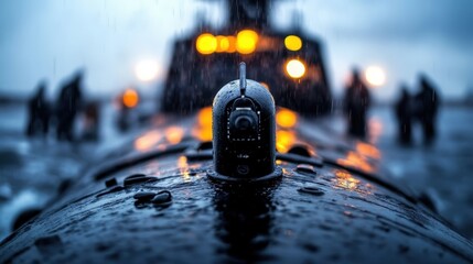 Obraz premium A close-up view of a rain-soaked submarine in a harbor, highlighting the intricate details of its design while capturing the mood of a stormy night in the marine atmosphere.