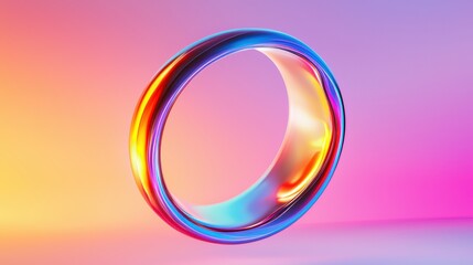 A sleek metallic ring floating in a void, glowing with vibrant gradient light streaks, representing energy and motion in an abstract 3D design