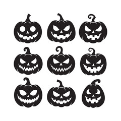 Halloween pumpkins, jack-o'-lantern silhouettes, spooky faces, black and white illustration