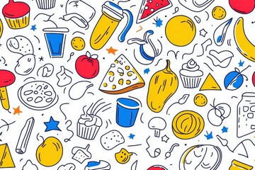 Seamless hand-drawn pattern featuring whimsical food icons on white background
