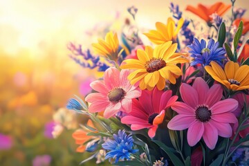 Realistic seamless bouquet of flowers in asymmetrical garden background . A vibrant vase brimming with colorful flowers set against a lush green background.