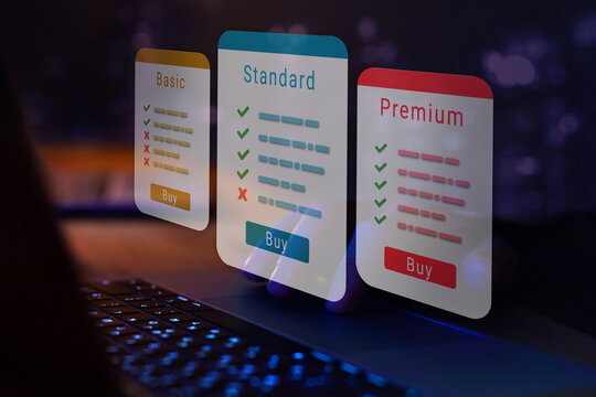 subscription plan options for online service, choosing online education course, SaaS concept software as a service, buy streaming access
