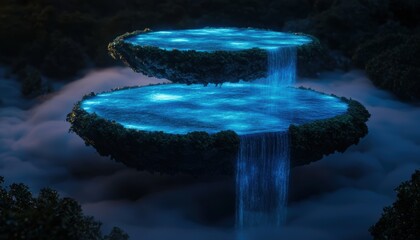 A surreal floating island glowing with vibrant bioluminescent plants and cascading rivers of light, surrounded by swirling mist