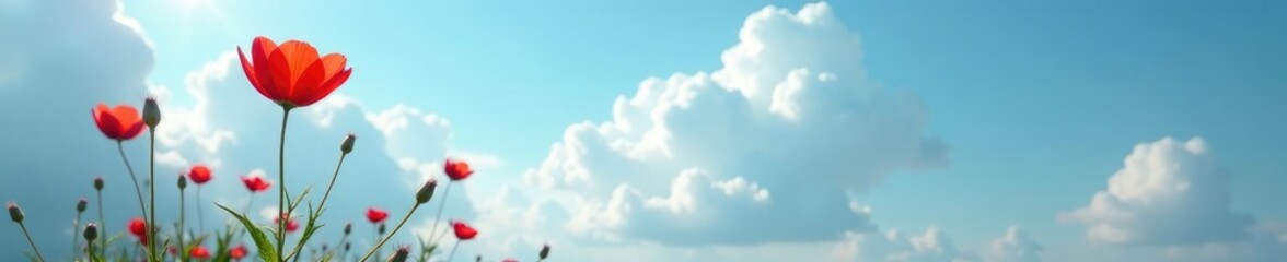 Naklejka premium A delicate red flower nestled in the heart of a cloudless blue, whimsical scene, natural wonder, peaceful haven