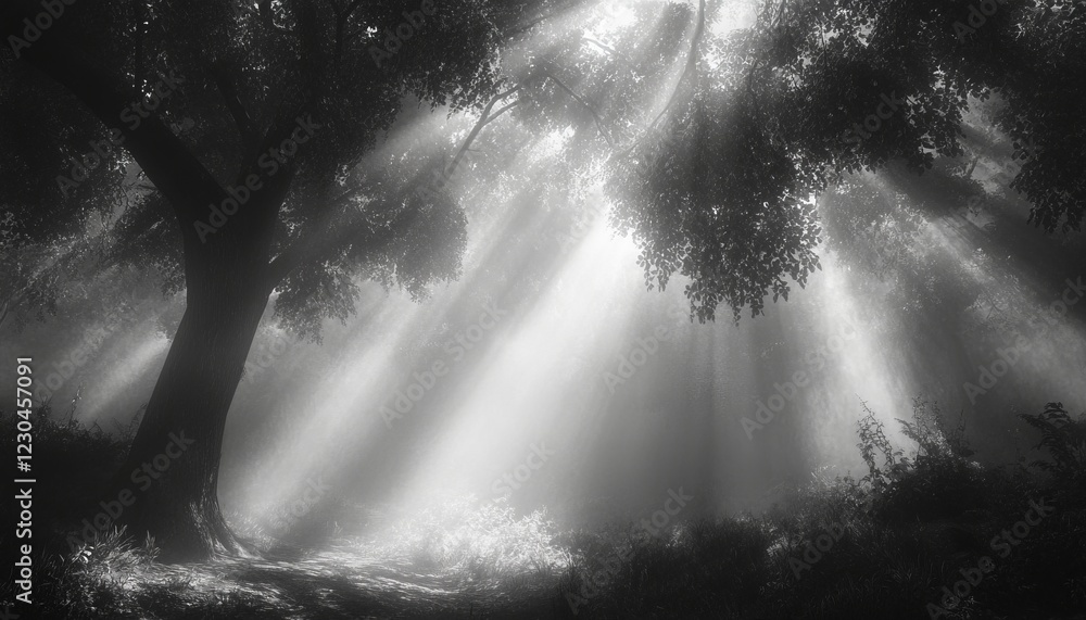 Poster sunbeams pierce through a misty forest, illuminating a path beside a large tree.