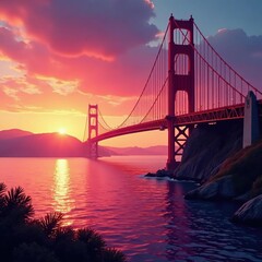 Obraz premium A kaleidoscope of colors radiates from the horizon as it meets the suspension bridge, red, kaleidoscope, colors
