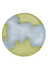Watercolor illustration of a baby planet surrounded by space elements on a white background