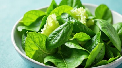 A vibrant bowl of fresh spinach and lettuce leaves, a healthy and delicious salad preparation