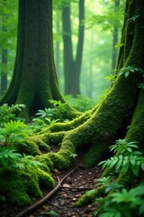A lush, green forest floor with ferns and moss growing among the roots of ancient trees, nature, botanical