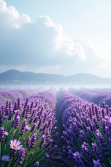 Obraz premium A misty lavender field with a few wildflowers, cloudy sky, soft focus, floral arrangement