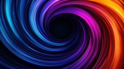 An abstract glowing vortex made of dynamic light trails in vibrant rainbow hues, forming a hypnotic motion pattern in a dark space
