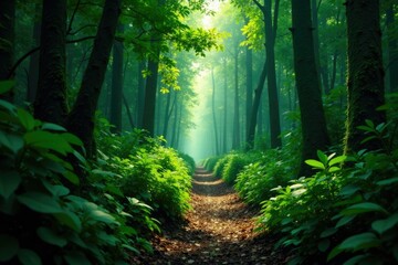 Obraz premium A narrow path disappears into the dense undergrowth of the jungle, forest, canopy