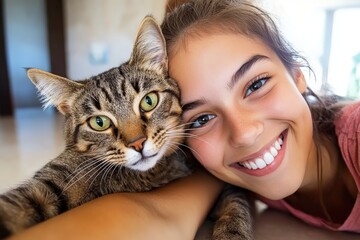 Teen girl taking a selfie with her tabby cat at home