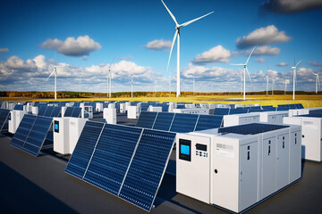 Renewable energy background, aligned solar panels in the foreground with wind turbines in the distance, modern battery storage units at the edge