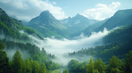 Fototapeta premium A misty mountain range in the early morning light.