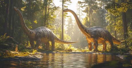 Dinosaurs grazing near a tranquil river in a prehistoric forest during the early morning