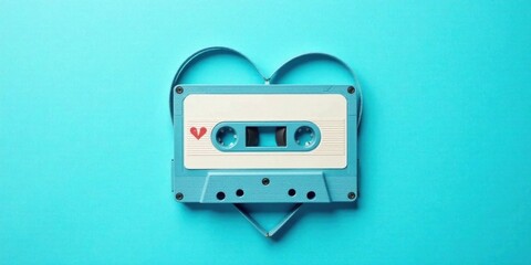 Obraz premium A Broken Heart Shaped Audio Cassette Tape on a Vibrant Blue Background