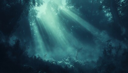 Obraz premium Mystical forest scene with sun rays breaking through dense fog and trees.