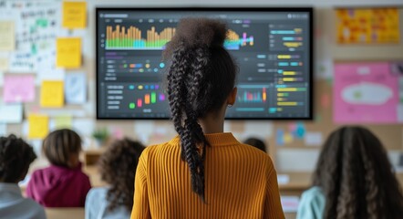 Students engaging in a data visualization lesson in a modern classroom setting with digital displays