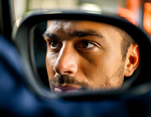 A man is looking into his car's rearview mirror. He has a beard and a mustache