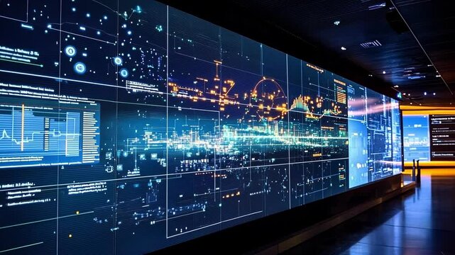 A detailed view of a digital twin simulation displayed on a large screen representing the virtual modeling of a factory floor with interactive elements showing predictive maintenance