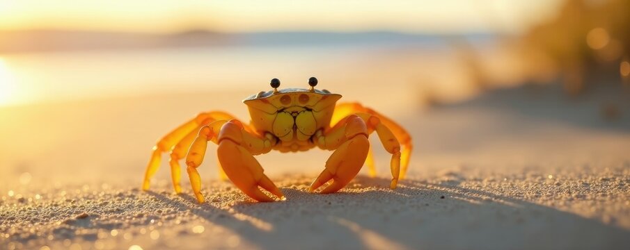 Colorful yellow crab scuttles across sandy dunes at dawn, yellow, texture, warm