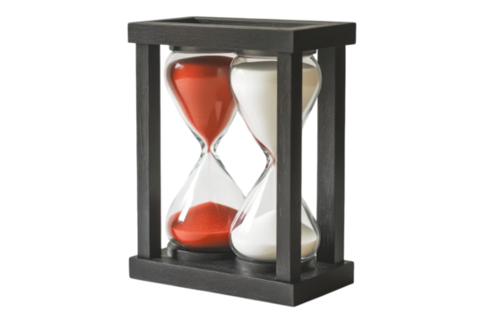 A dual sand hourglass with a modern black wooden frame, featuring red and white sand for a stylish timekeeping display. Isolated, AI generated.  .
