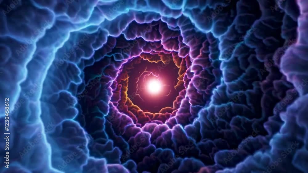 Poster glowing energy vortex pulls viewers through dimensional space. luminous clouds in blue, purple and o