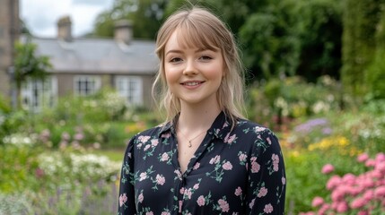 Fototapeta premium A young woman stands in a lush garden filled with vibrant flowers. She wears a floral dress and smiles warmly while enjoying the beautiful surroundings on a sunny day