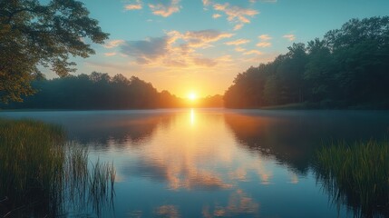 Fototapeta premium A peaceful sunrise over a quiet lake surrounded by trees.