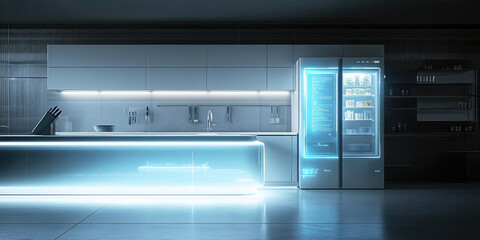 Modern smart kitchen, displaying a beautiful interior, equipment symbolizing the connection of the "smart home" and the integration of technologies.