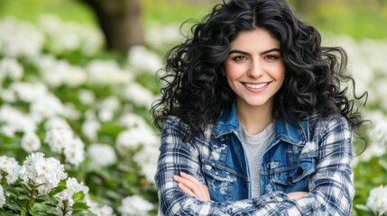 Fototapeta premium A woman with curly dark hair stands confidently among vibrant white flowers in a garden, enjoying the sunny spring day with a joyful expression and casual attire