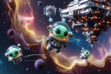 Adorable alien astronauts explore a vibrant nebula near a futuristic spaceship.